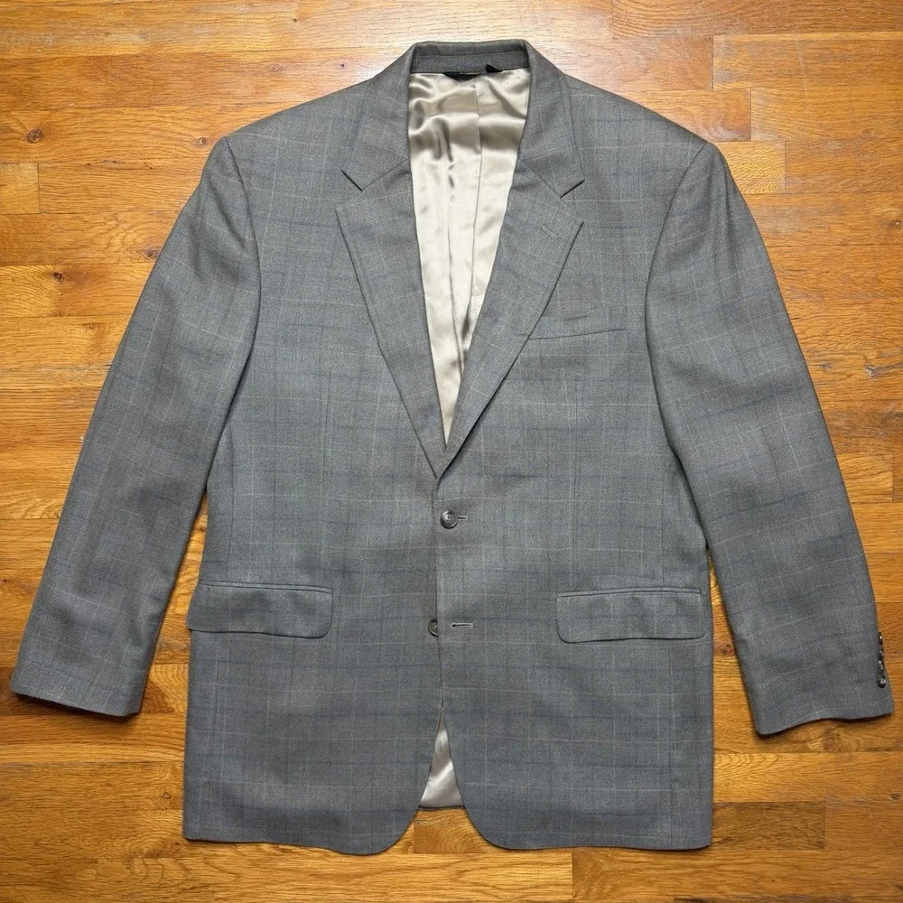 Jos A Bank Executive Collection Blazer 44L Plaid Tan Blue Silk Wool Sport Coat